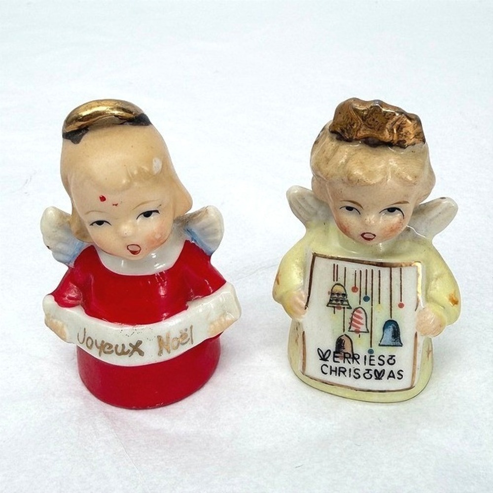 Ardalt Japan Porcelain Angel Bells Christmas Joyeux Noel Vintage Decor Set of 2